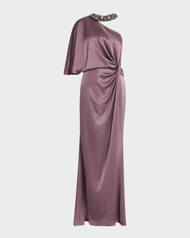 Beaded One-Shoulder Twist Gown